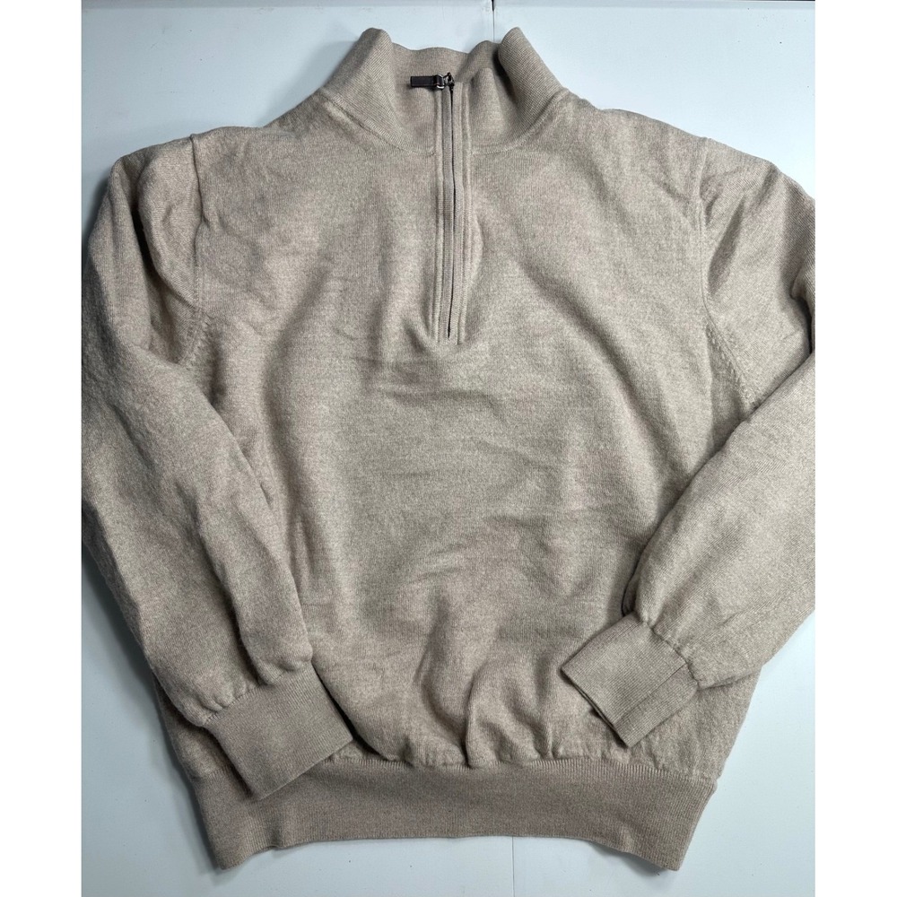 Fairway & Greene Mens Italian Merino Wool Lined Quarter Zip Sweater Tan Large